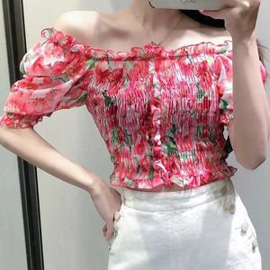 Damen T-Shirts Damen 2023 Mode Frauen Cottagecore Floral Rüschen Crop Top Retro Kurzärmelige Bluse Tang Li Bedrucktes weibliches TopWomen's