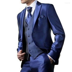 Erkek takım elbise özel yapım kostüm homme parlak mavi saten erkekler 3 adet varış smokin erkekler için smokin