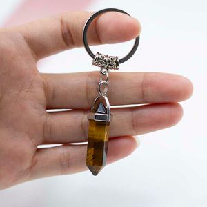 America Chakra Hexagon Prism Natural Stone Keychain Key Ring Handbag Hangs Jewelry Gift Drop Ship