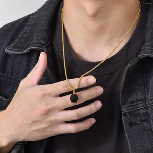 Colares pendentes hexagon preto casual para homens jóias cor dourada de aço inoxidável geométrico com colar de corrente de caixa