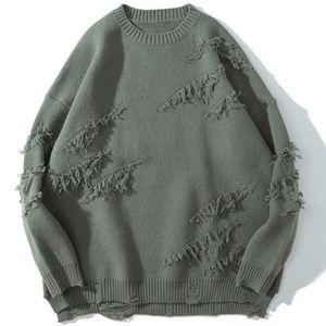 Herr t-shirts vintage tröja hiphop hajuku män kläder streetwear pullovers överdimensionerade tröja rippade ren färg hål ull stickade toppar 230225