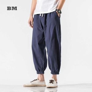 Men's Pants Chinese Style Cotton Linen Cropped Trousers Summer Casual Harem Pants 2021 Japanese Streetwear Harajuku Joggers Men Clothing Z0225