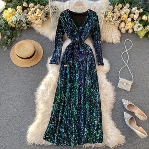 Sequined Bling Women Dresses Spring 2023 Elegant V Neck Long Sleeve Vestidos Fashion Sashes Slim Waist Party Dress