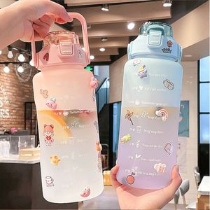 Water Bottles 2L Capacity Couple Cup Straw Cup Time Scale Water Bottle Plastic Water Cup Large Student Frosted High Temperature Outdoor Sports 230224