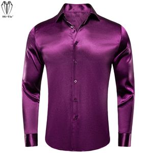 Men's Casual Shirts Hi-Tie Luxury Plain Silk Mens Dress Shirts Long Sleeve Pure Purple Red Solid Suit Shirt Casual Formal for Wedding Business Gift 230225