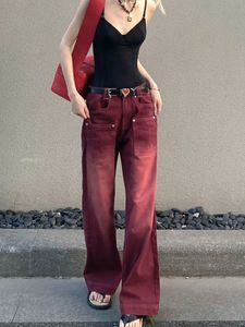 Kvinnors jeans Mingliusili Red Jeans Fall Vintage Red Wash Ejressed Straight Ben Jeans Mångsidiga lösa byxor 230225