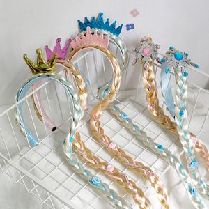 Kids Accessories Ribbon Children's Crown Ice And Snow Hair Band Girl's Baby Wig Long Braid Bow Hair Clip Princess Aisha Hair Accessories