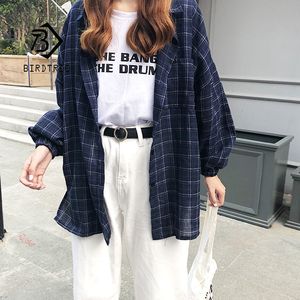 Women's Blouses Shirts Woman Vent Vintage Plaid Shirt Single Breasted Turn down Collar Cotton Long Sleeve Button Feminina Sales T8D512Z 230225