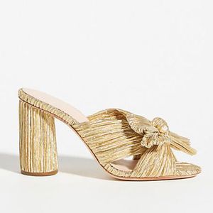 Sandália Gnazhee Dourada Plissada Laço Salto Feminino Mules Festa de Verão Sapatos Casamento Branco Salto Alto Chinelo Bonito Elegante 230225