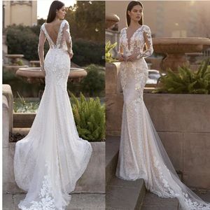 Luxus Spitze Appliques Pailletten Meerjungfrau Hochzeit Kleid V-ausschnitt Langarm Rückenfrei Sweep Zug Braut Kleid Nach Vestidos De Noiva BES121