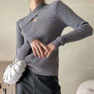 Women's Sweaters Fashion 2023 Cross Neck Solid Sweater Autumn Winter Slim Bottoming Pullover Streetwear Long Sleeve Knit TopsWom