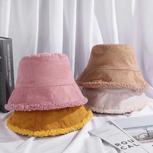 Wide Brim Hats Woman Winter Warm Fisherman Hats Double-sided Wearing Lamb Wool Hat Solid Fleece Female Casual Cashmere Basin Cap Bucket Hat G230224