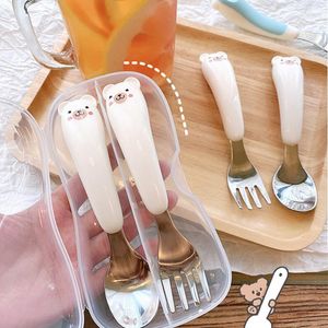 Conjuntos de utensílios de jantar, cutlejar de urso fofo, alavanca 304 colher de aço inoxidável e boba de cozinha kawaii para crianças adultos