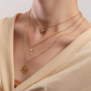 Цепи романтические многослойные ожерелье Dainty Miny Heart Letter Letter Pendation Chain Flower M Shape Jewelry