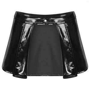 Röcke Weibliche Wet Look Patent Leder Mini Rock Pole Dance Clubwear Kurz Vorne Offen Eine Taste Bodycon Frauen Kleidung