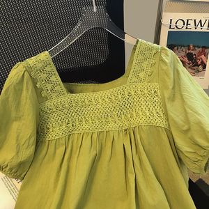 Women's Jackets Summer Fashion Green Square Neck Chiffon Shirt French Puff Sleeves Sexy Light Luxury Boutique ClothingWomen's