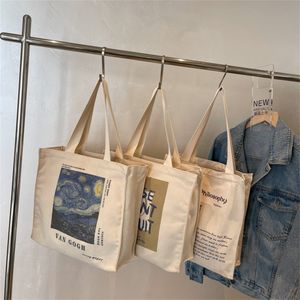 Shopping Bags Retro Literary Art Canvas Bag Blue Letter Handbag Van Gogh Large Capacity Shopping Bag Women's Eco-Friendly Foldable Tote Bag 230225