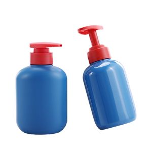 Embalagem vazia 300 ml Blue Blue Garrafa redonda de ombro redondo loção vermelha prensa bomba