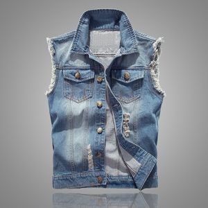 Männer Westen Mode Ausgefranste Blau Casual Denim Jacke Koreanischen Stil Trend Loch Helle und Dunkle Mäntel 230225