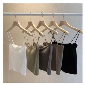 Camisoles & Tanks Women Spaghetti Strap Elastic Back Plus Size Solid One Line Sleeveless Cotton Bodycon Dresses With Pad Black Fashion 2023