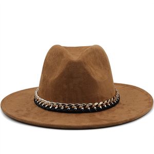 Kvinnor mocka fedora hattar med akrylkedja 7 cm breda grim män panama western cowboy hatt damer jazz kyrka sombrero mössor solhatt