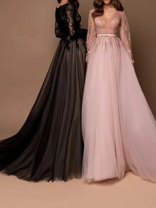 Lace Evening Dresses V-Neck Long Sleeves Tulle Sweep Train Sexy Nude Lining Prom Gowns