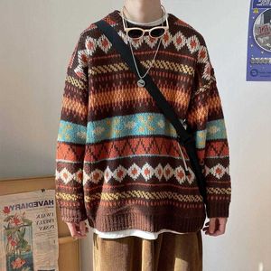 Men's T-Shirts HOUZHOU Men's Knitted Vintage Graphic Sweater with Pattern Brown Blue Pullovers Sweaters and Jumpers Korean Streetwear Harajuku 230225