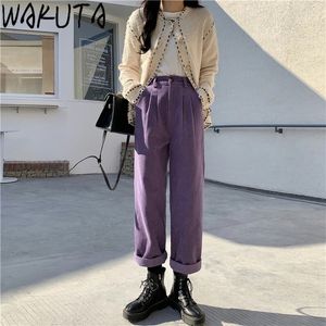 Kvinnors byxor S Wakiuta 2023 Japanese Fashion Vintage Corduroy Women Purple Black Autumn Winter High midja blixtlås Löst bred benbyxor 230225