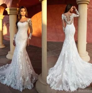 Abiti da sposa moderni a sirena Abiti da sposa a maniche lunghe con scollo a barchetta in pizzo con applicazioni 3D Abito da sposa illusione robe de