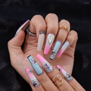 Unghie finte 24 pezzi manicure copertura completa bara fai da te fiori blu francese lunga ballerina finta