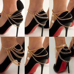 Handanlar 1pc çok katmanlı topuk ayakkabı püskül zinciri ayak bilek bileziği kadınlar için kristal inci plaj çıplak ayakla sandalet mücevher