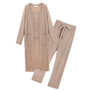 Kvinnors tvådelar Pants Senaste casual 3-stycken Spring Knit Cardigan Halter Vest Bow Trouser Setwomens