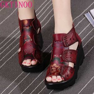 Sandals GKTINOO 2023 Ethnic Style Genuine Leather Women Shoes Sandals Wedges Sandals Handmade Genuine Leather Women Sandal Z0224