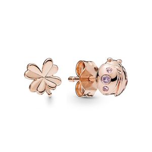 Roségoldene Klee- und Marienkäfer-Ohrstecker für Pandora, 925er-Sterlingsilber, modischer Party-Schmuck für Frauen, Freundin, Geschenk, Designer-Ohrring-Set mit Originalverpackung