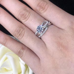 Cluster-Ringe aus massivem 14-karätigem Weißgold AU585-Ring-Set mit 1 Karat rundem Diamant für Frauen, Verlobung mit Ehering, Statement-Schmuck, Geschenk für Mädchen