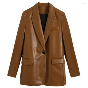Women's Suits Fashion Notched Brown PU Blazers Women Faux Leather Loose Jackets Elegant Single Button Female Ladies Outwear Mid Length
