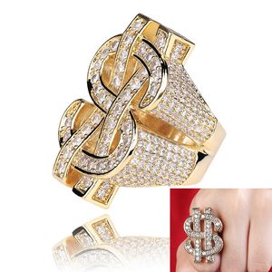 Mens Hip Hop Ring Jewelry Dollar Sign Gemstone Zircon Casting Big Gold Rings 18k Real Gold Plated