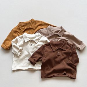 T shirts Children Casual Shirts Solid Boys Girls Long Sleeve Lapel Cotton Kids Bottoming Vintage Infant ops 230224