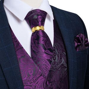 Men's Vests Classic Jacket Gilet Men Dress Vest Plum Purple Male Waistcoat Hankerchief Cufflinks Ring Set Silk Slim Fit Jacquard Waist GiftM