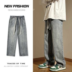 Herr jeans män baggy rak jeans mode koreanska streetwear y2k byxor elastisk midja skarvning vintage design denim byxor märke kläder z0225
