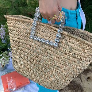 Totes Fashion Diamonds Handle Rattan Handbags Wicker Woven Big Women Basket Bag Casual Summer Beach Str Borse Large Bali Tote Purses Y2302