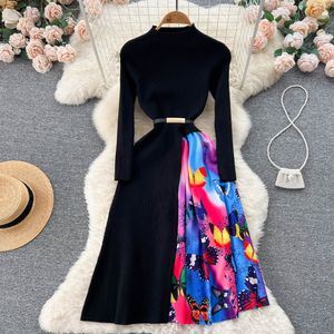 Drucken Patchwork Frauen Pullover Kleid Halb Hohen Kragen Rero Schärpen Mantel Kleid Winter Mode Gestrickte EINE Linie Langes Kleid 2023