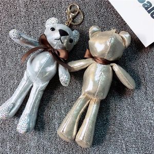 Keychains Cute Fluffy Car Pendant Keychain Leather Bow Crystal Rhinestone Bear Key Chain Rings For Women Bag Accessories Keyring