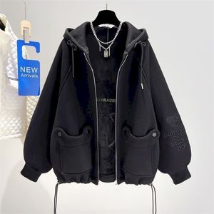 Kvinnors hoodies tröjor överdimensionerade hoodies kvinnor svart huva hjärtjacka modedesign plus sammet tjock hoodie hösten vinter trend estetisk kappa 230224