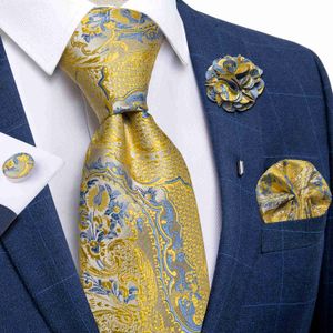 Neck Ties Gold Blue Paisley Ties For Men Wedding Accessories 8cm Wide 100 Silk Men's Neck Tie Handkerchief Cufflinks Set With Brooch Pin J230225