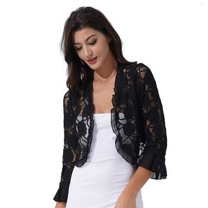 Damenjacken Damen-Bolero-Cardigan mit halben Ärmeln, elegante Rüschen, offene Blumenspitze, Achselzucken, Schal-Wickel für Hochzeit, Party, Abendkleider