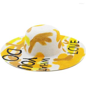 Wide Brim Hats Graffiti Foldable Floppy Girls Straw Hat Sun Beach Women Summer UV Protect Travel Cap Lady FemaleWide