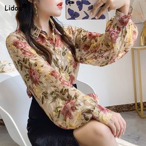 Kadınlar bluz gömlekleri zarif çiçek baskı fener kolu gündelik açık dikiş gömlek yaz kadınlar giyim düğmesi şifon dönüşü aşağı yaka üstleri 230225