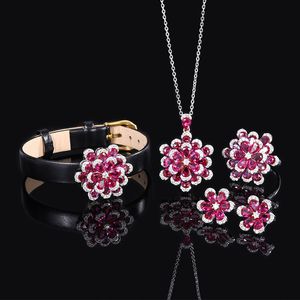 Flower Ruby Diamond Biżuteria Zestaw 100% prawdziwy 925 Srebrny srebrny zaręczyny Bransoletka ślubna pierścienie kolczyki Naszyjnik dla kobiet Prezent