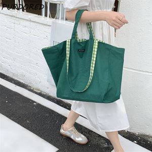 Shopping Bags PURDORED 1 Pc Large Women Plaid Shopping Bag Reusable 6 Colors Canvas Shoulder Bag Lady Student Book Handbags Grocery Tote Bag 230225